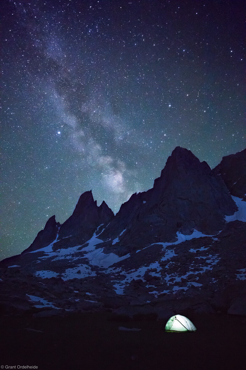 An illuminated tent in Wyoming’s Cirque of the towers in the Wind River range.