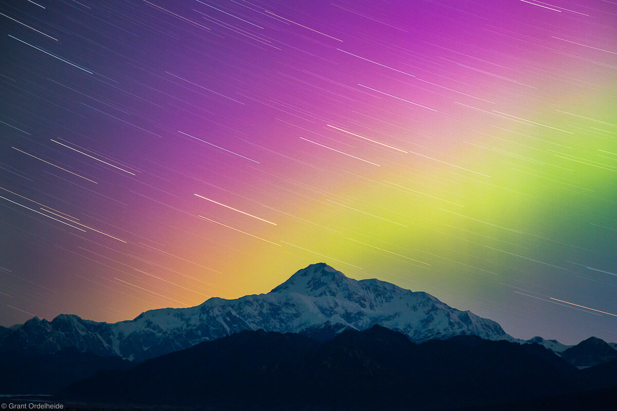Aurora Borealis over Alaska’s Denali, the highest peak in North America.