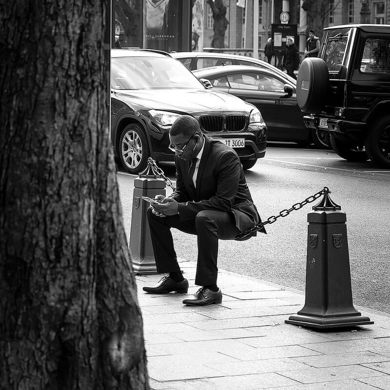 Man using his phone while sitting on a fence
