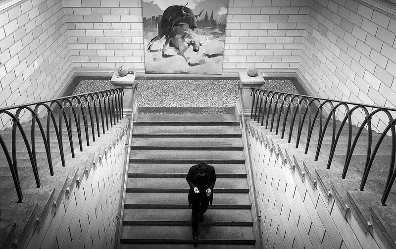 Man walking down a staircase with a painting of cows