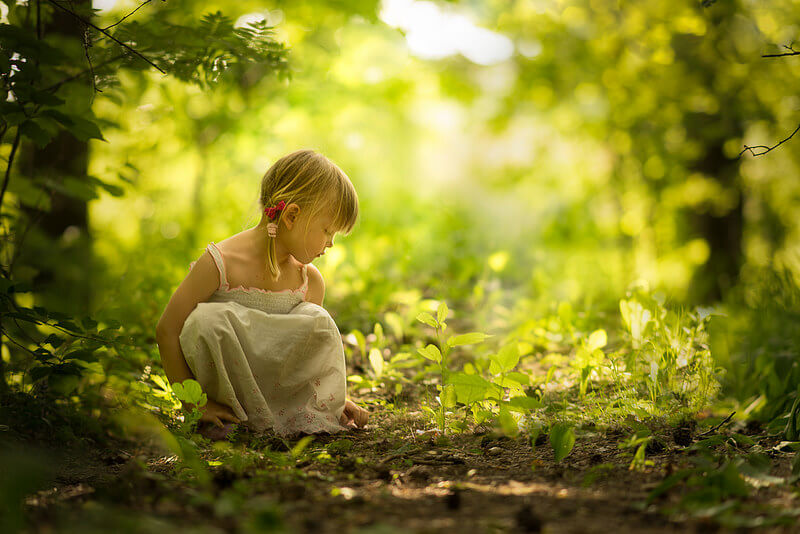girl picking pine cones