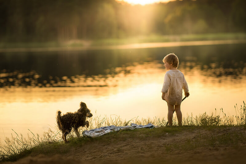 boy dog by lake
