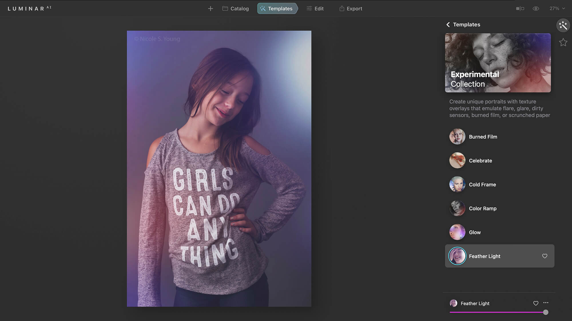 Luminar open with file showing templates for creative photo editing tips