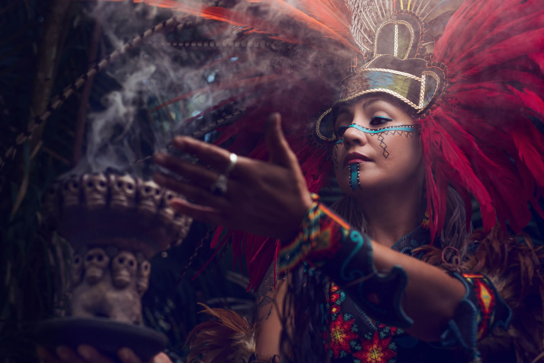 close up Conchero dancer with smoke