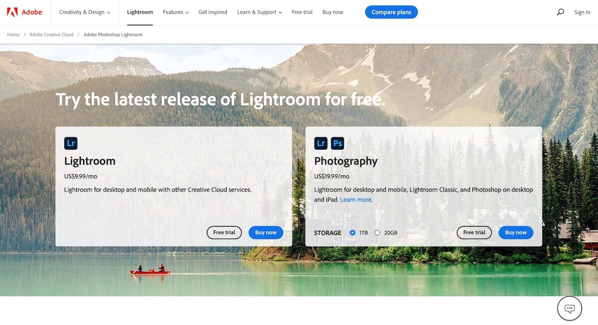 Adobe Lightroom homepage